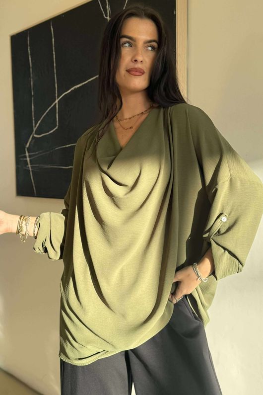 Suki Drape Cowl Blouse Khaki /9=